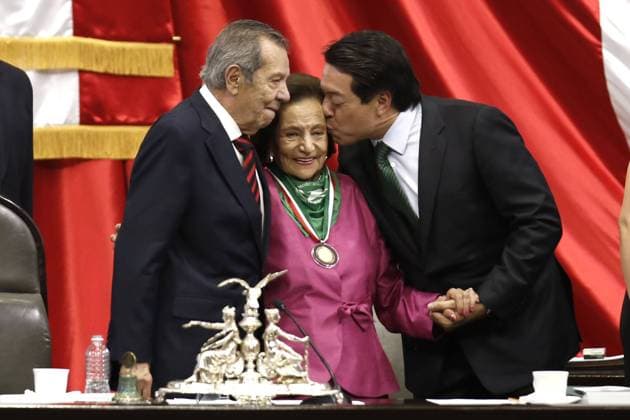 March 8, 2019 - EUM20190308NAC01.JPG.CIUDAD DE MEXICO. Congress Congreso-Dia de la Mujer.- La senadora Ifigenia Martinez (Morena) recibe la medalla Sor Juana Ines de la Cruz durante ceremonia solemne por el Dia Internacional de la Mujer en la Camara de Diputados. A su lado Porfirio Munoz Ledo, presidente de la Mesa Directiva y el coordinador de Morena, Mario Delgado. 7 de marzo 2019. Foto: Agencia EL UNIVERSAL Agustin Salinas RCC. *** March 8 2019 EUM20190308NAC01 JPG MEXICO CITY Congress Womens Day Congress Senator Ifigenia Martinez Morena receives the medal Sor Juana Ines de la Cruz during a solemn ceremony for International Womens Day in the Chamber of Deputies On her side Porfirio Munoz Ledo president of the Board of Directors and Morena coordinator Mario Delgado March 7, 2019 Photo Agency EL UNIVERSAL Agustin Salinas  - ZUMAu78_ 20190308_zaf_u78_003 Copyright: xAgustinxSalinasx