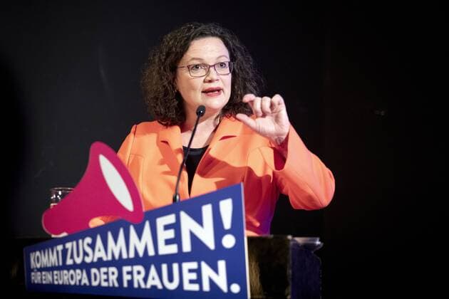 News Themen der Woche KW10 News Bilder des Tages Andrea Nahles, Vorsitzende der SPD, beim Internationalen Frauentag der SPD: Kommt zusammen - Fuer ein Europa der Frauen. Berlin, 08.03.2019. Berlin Deutschland *** Andrea Nahles Chairwoman of the SPD at the International Womens Day of the SPD Comes Together For a Europe of Women Berlin 08 03 2019 Berlin Germany Copyright: xJaninexSchmitz photothek.netx