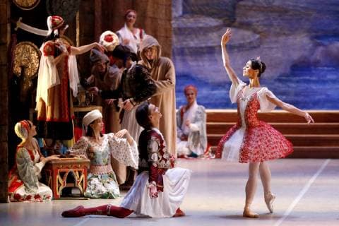 MOSCOW, RUSSIA - MARCH 11, 2019: Ballet dancers Ivan Negrobov as Conrad and Marta Lutsko (L-R front) as Medora perform in a scene from the Le Corsaire production of the Voronezh Opera and Ballet Theatre, staged by Yuri Burlaka at Stanislavski and Nemirovich-Danchenko Moscow Music Theatre as part of the 2019 Golden Mask Russian Performing Arts Festival. Alexander Shcherbak TASS  TS0A44CB