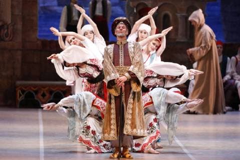 MOSCOW, RUSSIA - MARCH 11, 2019: Ballet dancer Oleg Rudometkin (C) as Seyd performs in a scene from the Le Corsaire production of the Voronezh Opera and Ballet Theatre, staged by Yuri Burlaka at Stanislavski and Nemirovich-Danchenko Moscow Music Theatre as part of the 2019 Golden Mask Russian Performing Arts Festival. Alexander Shcherbak TASS  TS0A44CC
