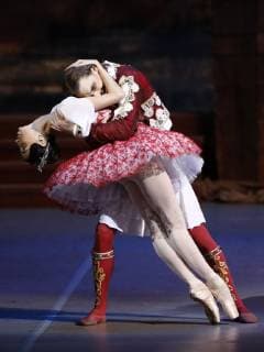 MOSCOW, RUSSIA - MARCH 11, 2019: Ballet dancers Marta Lutsko (L) as Medora and Ivan Negrobov as Conrad perform in a scene from the Le Corsaire production of the Voronezh Opera and Ballet Theatre, staged by Yuri Burlaka at Stanislavski and Nemirovich-Danchenko Moscow Music Theatre as part of the 2019 Golden Mask Russian Performing Arts Festival. Alexander Shcherbak TASS  TS0A44D3