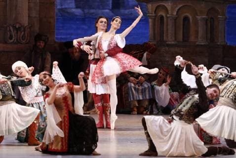 MOSCOW, RUSSIA - MARCH 11, 2019: Ballet dancers Marta Lutsko (front) as Medora and Ivan Negrobov as Conrad perform in a scene from the Le Corsaire production of the Voronezh Opera and Ballet Theatre, staged by Yuri Burlaka at Stanislavski and Nemirovich-Danchenko Moscow Music Theatre as part of the 2019 Golden Mask Russian Performing Arts Festival. Alexander Shcherbak TASS  TS0A44DE