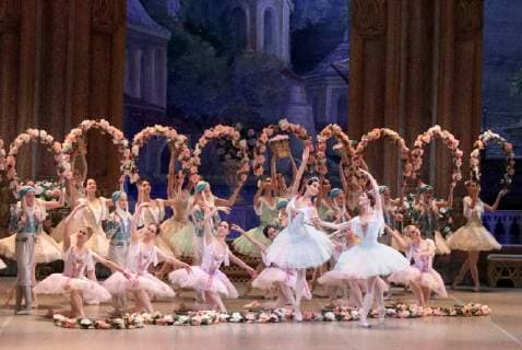 MOSCOW, RUSSIA - MARCH 11, 2019: Ballet dancers Marta Lutsko as Medoa and Yelizaveta Korneyeva (L-R front) as Gulnare perform in a scene from the Le Corsaire production of the Voronezh Opera and Ballet Theatre, staged by Yuri Burlaka at Stanislavski and Nemirovich-Danchenko Moscow Music Theatre as part of the 2019 Golden Mask Russian Performing Arts Festival. Alexander Shcherbak TASS  TS0A44EE
