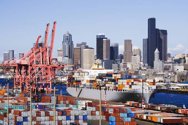 Commercial dock with city in background, Seattle, Washington, United States Commercial dock with city in background, Seattle, Washington, United States,Seattle, Washington, USA  46614