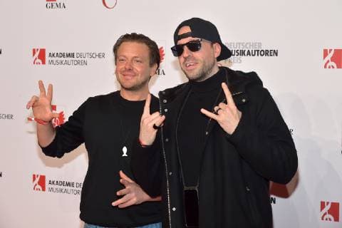 11. Deutscher Musikautorenpreis 2019 Die Atzen ist ein deutsches Rap-, Electro- und Hip-Hop-Duo, Rappern Frauenarzt und Manny Marcv Ankunft, roter Teppich zum 11. Deutschen Musikautorenpreis im Hotel Ritz Carlton in Berlin am 14.03.2019