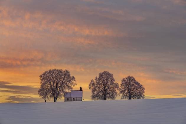  Kapelle 14 Nothelfer mit alten Bäumen in verschneiter Landschaft bei Sonnenaufgang, Mindelheim, Unterallgäu, Bayern, Deutschland, Europa *** Chapel 14 emergency helpers with old trees in snow-covered landscape at sunrise Mindelheim Unterallgäu Bavaria Germany Europe Copyright: imageBROKER/RobertxSeitz ibxsei04849885.jpg