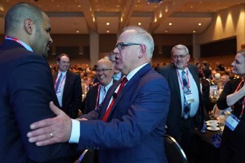 January 9, 2019 - Minneapolis, MN, USA - Gov. Tim Walz spoke with Tony Sanneh of the Sanneh Foundation during the Minnesota Chamber of Commerce s annual policy kickoff event Wednesday. ANTHONY SOUFFLE Ã¢â‚¬Â¢ anthony.souffle@startribune.com ....Minnesota Chamber President Doug Loon interviewed Gov. Tim Walz during the Minnesota Chamber of Commerce s annual policy kickoff event Wednesday, Jan. 9, 2019 at the Saint Paul RiverCentre in St. Paul, Minn. Minneapolis USA - ZUMAm42_ 20190109_zaf_m42_021 Copyright: xAnthonyxSoufflex