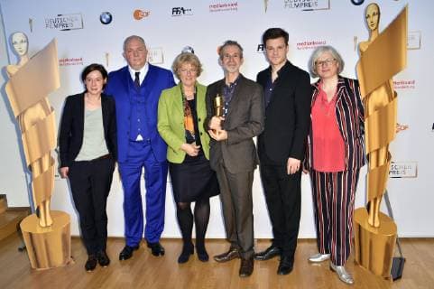 Anne Leppin, Jörg Thadeusz, Monika Grütters, Ulrich Matthes, Benjamin Herrmann und Claudia Loewe beim Fototermin bei der Pressekonferenz anlässlich der Nominierungsbekanntgabe zum Deutschen Filmpreis 2019 in der Deutschen Kinemathek. Berlin, 20.03.2019