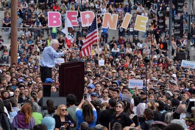 Senator Bernie Sanders, a candidate for the Democratic presidential nomination addresses thousands of supporters during a campaign rally at Grand Park in the shadow of City Hall in Los Angeles on March 23, 2019. The campaign stop is part of a West Coast swing by Sanders that also includes rallies in San Diego and San Francisco. Sanders, 77, who is considered the front runner in a field that could eventually include as many as two dozen candidates, has also made stops in early primary and caucus states like Iowa and New Hampshire since announcing his candidacy last month.  LAP2019032301 JIMxRUYMEN