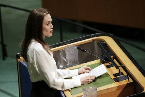 UNHCR Special?Envoy Angelina Jolie delivers a keynote speech at the United Nations Peacekeeping Ministerial: Uniformed Capabilities, Performance and Protection at United Nations Headquarters at in New York City on March 29, 2019.  NYP20190329135 JOHNxANGELILLO