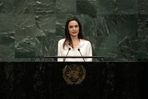 (190330) -- UNITED NATIONS, March 30, 2019 (Xinhua) -- Angelina Jolie, a special envoy for the United Nations Refugee Agency (UNHCR), addresses the UN Peacekeeping Ministerial Conference on Uniformed Capabilities, Performance and Protection at the UN headquarters in New York March 29, 2019. There is still much more to do to increase the number of women in the ranks of the UN peacekeeping missions, said Hollywood actress Angelina Jolie on Friday at the UN Headquarters in New York. (Xinhua Li Muzi) UN-PEACEKEEPING-ANGELINA JOLIE 