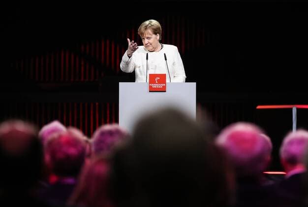 (190331) -- HANOVER (GERMANY), March 31, 2019 (Xinhua) -- German Chancellor Angela Merkel delivers a speech during the opening ceremony of 2019 Hanover Fair in Hanover, Germany, on March 31, 2019. The Hanover Fair, the world s largest industrial show, opened here on Sunday evening with the highlights of 5G network and artificial intelligence (AI). (Xinhua Shan Yuqi) GERMANY-HANOVER-2019 HANOVER FAIR-OPENING CEREMONY 