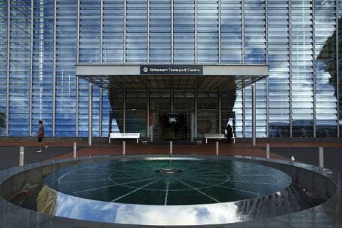 Glass facade of Britomart Transport Centre, and water feature, Auckland CBD, North Island, New Zealand  Copyright: xDavidxWallx AU02 DWA8519