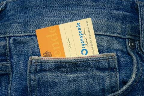 Jeans mit einem Organspendeausweis Jeans mit einem Organspendeausweis, 02.04.2019, Borkwalde, Brandenburg, In einer Jeans steckt ein Organspendeausweis. *** Jeans with an organ donation card Jeans with an organ donation card 02 04 2019 Borkwalde Brandenburg A jeans contains an organ donation card