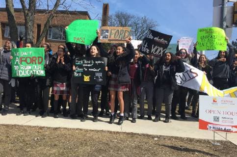 April 4, 2019 - Toronto, ONTARIO, Canada - Students at UMC High School walked out of class to protest planned education cuts by Premier Doug Ford and the Ontario government on Thursday April 4, 2019 in Toronto, Ontario, Canada. Over 100,000 students from 700 schools from across Ontario walked out of their classrooms to participate in this massive walkout. The protest stems from the announced changes to the education system which includes an almost $100 million cut in job funding, the loss of 18,000 teaching jobs, the modification to the health and physical education curriculum, and an almost 30% increase in high school class sizes. Toronto Canada - ZUMAn230 20190404_zaa_n230_207 Copyright: xCreativexTouchxImagingxLtdx