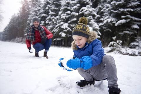 Father and little son having a snowball fight in winter forest model released Symbolfoto  ABIF01145