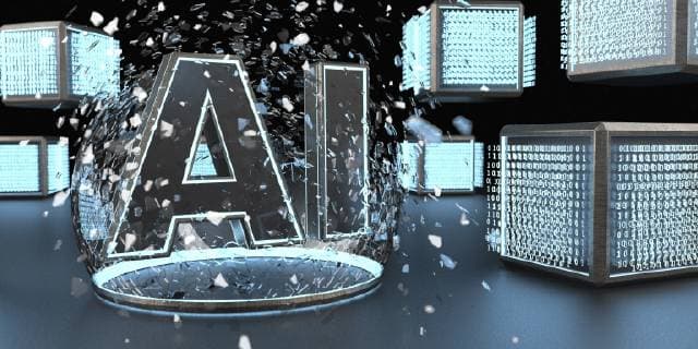 3D rendering, Digital cubic units and a bursting bubble of AI, artificial intelligence  ALF00738