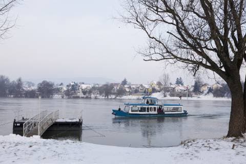 The jetty of Dunabogdany for the small passenger ferry bringing passengers to the island of St. Adnrew (Szentendre). It is located a bit downriver of the famous bend of the Danube near Visegrad. Szentendre island is part of the Duna-Ipoly National Park. Europe, East Europe, Hungary,  Copyright: xMartinxZwickx EU13 MZW0088