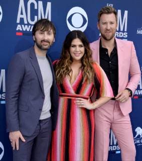 (L-R) Dave Haywood, Hillary Scott and Charles Kelley of Lady Antebellum attend the 54th annual Academy of Country Music Awards held at the MGM Grand Garden Arena in Las Vegas, Nevada on April 7, 2019. The show will broadcast live on CBS.  LAP20190407199 JIMxRUYMEN