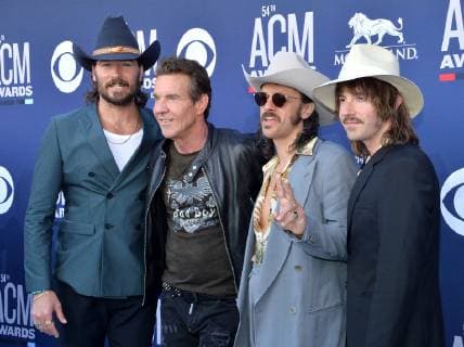 (L-R) Mark Wystrach, Dennis Quaid, Cameron Duddy and Jess Carson attend the 54th annual Academy of Country Music Awards held at the MGM Grand Garden Arena in Las Vegas, Nevada on April 7, 2019. The show will broadcast live on CBS.  LAP20190407454 JIMxRUYMEN