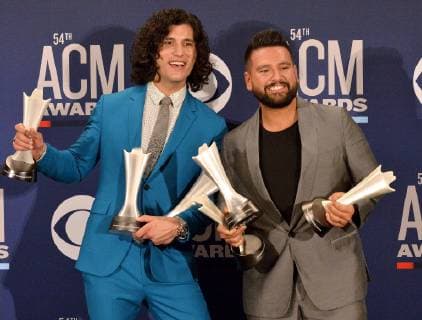 Dan + Shay, winner of the award for Duo of the Year, appears backstage at the 54th annual Academy of Country Music Awards held at the MGM Grand Garden Arena in Las Vegas, Nevada on April 7, 2019. The show will broadcast live on CBS.  LAP20190407485 JIMxRUYMEN