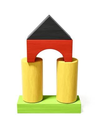 Aus Holzbausteinen gebildetes Haus, in den Nationalfarben Deutschlands House built out of wooden bricks in the national colors of Germany BLWS523631 Copyright: xblickwinkel McPHOTO M.xGannx