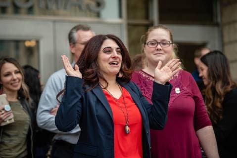April 12, 2019 - Albuquerque, New Mexico, U.S. - .Michelle Carlino-Webster(Cq)walks out of district court with tears of joy after Accused cop killer Davon Lymon(Cq) was found guilty in Judge Neil Candelaria s courtroom Friday afternoon. Lymon was accused of killing her husband APD officer Daniel Webster..Albuquerque, New Mexico Journal Albuquerque U.S. - ZUMAab1_ 20190412_zaf_ab1_012 Copyright: xRobertoxE.xRosalesx