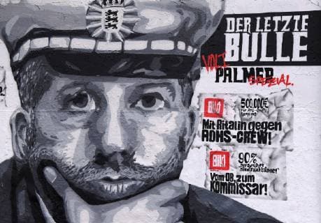 Tuebingen 13.04.2019 Der letzte Bulle: ein Grafitti Portrait von Tuebingens Oberbuergermeister Boris Palmer (Die Gruenen) an einer legalen Graffitiwand in Tuebingen mit Bildzeitungs Schlagzeilen