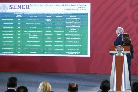 April 15, 2019 - EUM20190415NAC04.JPG.CIUDAD DE MEXICO, PresidencyPresidenciaAMLO.- El presidente Andres Manuel Lopez Obrador, durante su conferencia mananera de este lunes 15 de abril de 2019, en Palacio Nacional. En la imagen: Lopez Obrador (atras) y (frente) Rocio Nahle, secretaria de Energia. Foto: Agencia EL UNIVERSALDiego Simon SanchezRDB. Copyright: xElxUniversalx