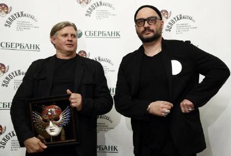 MOSCOW, RUSSIA - APRIL 16, 2019: Choreographer Yuri Posokhov, who has received the Best Balletmaster Best Choreographer in Ballet-Contemporary Dance award for the Nureev production at the Bolshoi Theatre in Moscow, and Russian stage and film director Kirill Serebrennikov at the 2019 Golden Mask award ceremony at the Historic Stage of the Bolshoi Theatre. Artyom Geodakyan TASS  TS0A86D6
