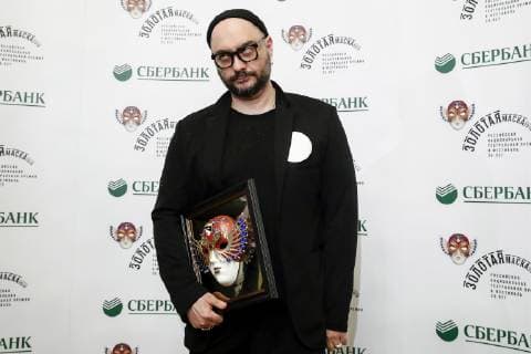 MOSCOW, RUSSIA - APRIL 16, 2019: Russian stage and film director Kirill Serebrennikov receives the Drama Best Director award for his production Little Tragedies at Moscow s Gogol Center Theatre at the 2019 Golden Mask award ceremony at the Historic Stage of the Bolshoi Theatre. Artyom Geodakyan TASS  TS0A8723
