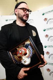 MOSCOW, RUSSIA - APRIL 16, 2019: Russian stage and film director Kirill Serebrennikov receives the Drama Best Director award for his production Little Tragedies at Moscow s Gogol Center Theatre at the 2019 Golden Mask award ceremony at the Historic Stage of the Bolshoi Theatre. Artyom Geodakyan TASS  TS0A8726