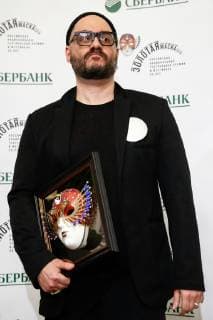 MOSCOW, RUSSIA - APRIL 16, 2019: Russian stage and film director Kirill Serebrennikov receives the Drama Best Director award for his production Little Tragedies at Moscow s Gogol Center Theatre at the 2019 Golden Mask award ceremony at the Historic Stage of the Bolshoi Theatre. Artyom Geodakyan TASS  TS0A872A