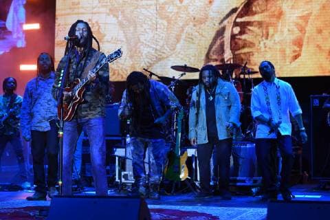 MIAMI FL - APRIL 20: Ziggy Marley, Julian Marley, Stephen Marley, Damian Marley and Ky-Mani Marley perform during the Kaya Music Festival at Bayfront Park Amphitheater on April 20, 2019 in Miami, Florida. Copyright: xmpi04x