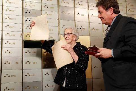 Uruguayan poet Ida Vitale (L) reacts next to director of the Cervantes Institute, Luis Garcia Montero (R) during an event in which she stored her legacy inside a safe of the Caja de las Letras (box of letters) held at the Spanish Cervantes Institute, in Madrid, Spain, 22 April 2019. Ida Vitale will receive the Cervantes 2018 Award on 23 April 2019, one of the most important accolades in Spanish language, as a recognition to her career. Uruguayan poet Ida Vitale will receive Cervantes 2018 Award in Madrid !ACHTUNG: NUR REDAKTIONELLE NUTZUNG!  Copyright: xBALLESTEROSx GRAF5434 20190422-636915405154872533