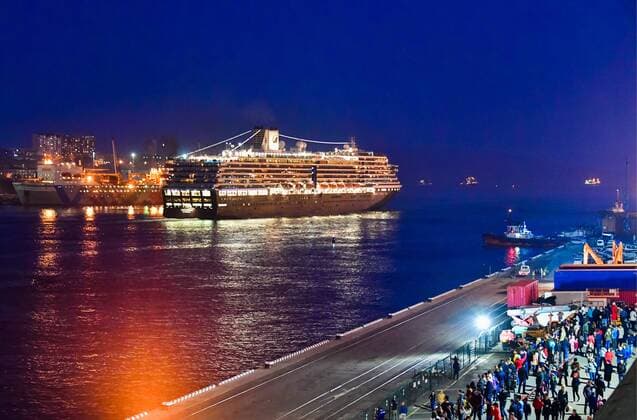 VLADIVOSTOK, RUSSIA - APRIL 22, 2019: The Westerdam cruise ship operated by Holland America Line unberthing at the port of Vladivostok on Russia s Pacific coast. Yuri Smityuk TASS  TS0A921D