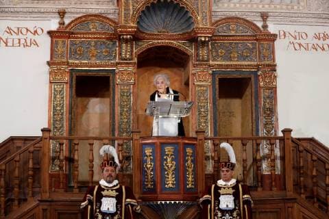 Uruguayan poet Ida Vitale (C) delivers a speech after she was awarded Miguel de Cervantes literature award during a ceremony at Alcala de Henares University, in Alcala de Henares, outside Madrid, Spain, 23 April 2019. The prize, worth at 125,000 euro cash prize, is the most important award to literature in spanish and the awarding ceremony is held each 23 April to mark Miguel de Cervantes death date. Cervantes Literature awarding ceremony !ACHTUNG: NUR REDAKTIONELLE NUTZUNG!  Copyright: xBallesterosx GRAF5873 20190423-636916212516457508