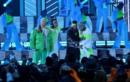 (L-R) J Balvin, Ozuna, Daddy Yankee and Anuel AA perform onstage during the 26th annual Billboard Latin Music Awards at the Mandalay Bay Events Center in Las Vegas, Nevada on April 25, 2019.  LAV20190425450 JIMxRUYMEN
