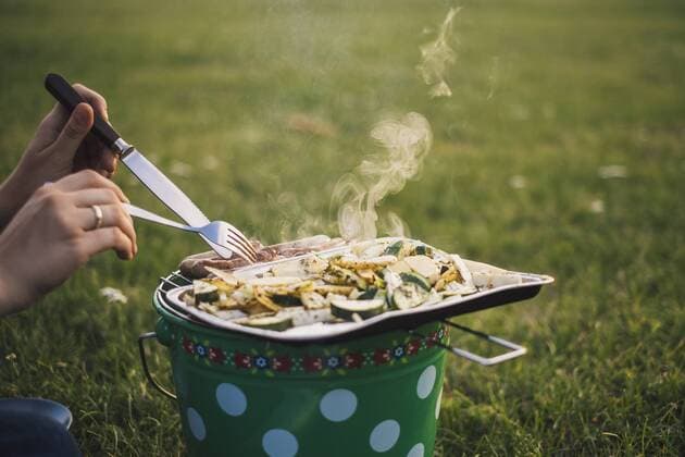 Woman eating barbecued sausages and vegetables on a meadow, partial view model released Symbolfoto  JSCF00132