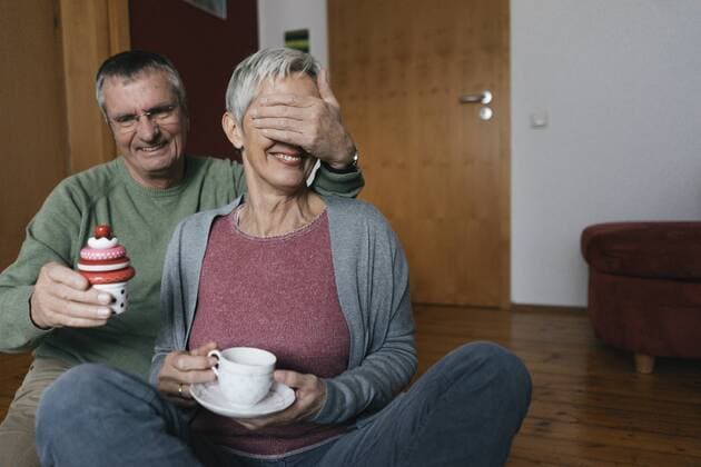 Happy senior couple sitting on the floor at home having fun model released Symbolfoto property released  KNSF05545