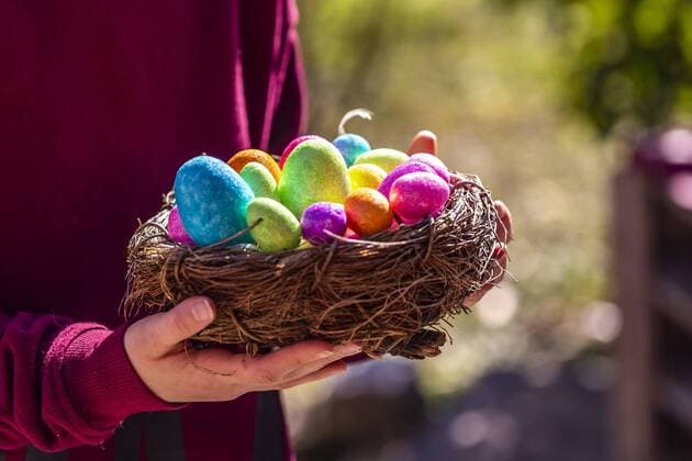Girl holding Easter nest with colorful Easter eggs model released Symbolfoto  SARF04196