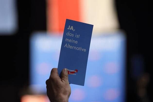 Deutsche Parteien: AfD, Symbolbilder Ein Delegierter hält seine Ja Stimmkarte während einer Abstimmung auf dem Landesparteitag der AfD Brandenburg in Falkensee, 27. April 2019. Landesparteitag der AfD Brandenburg *** A delegate holds his yes vote card during a vote at the AfD Brandenburg state party conference in Falkensee 27 April 2019 AfD Brandenburg state party conference