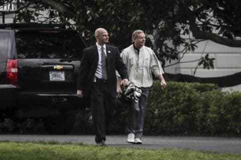 Republican Senator Lindsey Graham carries his golf clubs as he prepares to depart the White House with President Donald J. Trump en route to Trump National Golf Club in Sterling, Virginia on April 28, 2019 in Washington, DC.  WAX20190428101 OliverxContreras