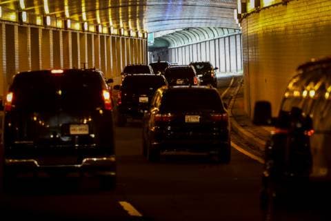 President Donald Trump s motorcade drives towards the Trump National Golf Club in Sterling, Virginia on April 28, 2019 in Washington, DC.  WAX20190428102 OliverxContreras