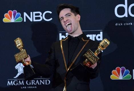 Brendon Urie of Panic! at the Disco appears backstage after winning the award for Top Rock Song for High Hopes, during the 2019 Billboard Music Awards at the MGM Grand Garden Arena in Las Vegas, Nevada on May 1, 2019.  LAV20190501189 JIMxRUYMEN