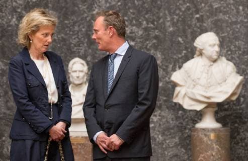 Princess Astrid of Belgium and Professor Cedric Blanpain pictured during a royal visit to the ceremony for the 2018 edition of the AstraZeneca Foundation Award for biopharmaceutical research, Friday 03 May 2019 in Brussels.  BENOITxDOPPAGNE 05578298