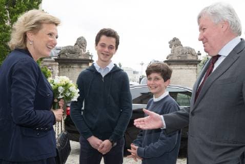 Princess Astrid of Belgium is welcomed by Federation Wallonia - Brussels Minister of Higher Education, Research and Media Jean-Claude Marcourt prior to a royal visit to the ceremony for the 2018 edition of the AstraZeneca Foundation Award for biopharmaceutical research, Friday 03 May 2019 in Brussels.  BENOITxDOPPAGNE 05578300