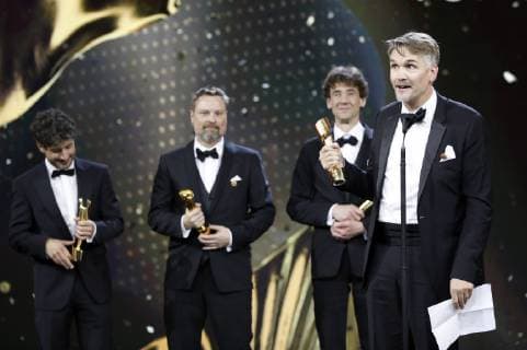 Andreas Turnwald, Uwe Dresch, Andre Zimmermann und Tobias Fleig bei der Verleihung des Deutschen Filmpreises 2019 in der Messe Berlin. Berlin, 03.05.2019