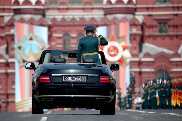 MOSCOW, RUSSIA â€“ MAY 7, 2019: Russia s Defence Minister Sergei Shoigu (R) on an Aurus Senat convertible reviews the troops during the dress rehearsal of a Victory Day military parade marking the 74th anniversary of the victory over Nazi Germany in the 1941-1945 Great Patriotic War, the Eastern Front of World War II, in Moscow s Red Square. Valery Sharifulin TASS  TS0AA8E5