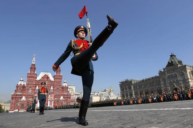 MOSCOW, RUSSIA â€“ MAY 7, 2019: A serviceman marches during the dress rehearsal of a Victory Day military parade marking the 74th anniversary of the victory over Nazi Germany in the 1941-1945 Great Patriotic War, the Eastern Front of World War II, in Moscow s Red Square. Sergei Karpukhin TASS  TS0AA9CD